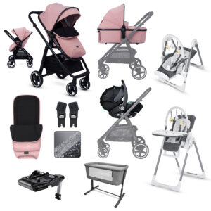 Pram Bundle Pink Toura Travel System-Hi-Lo Chair & Bedside Crib