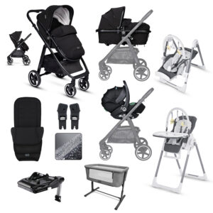 Pram Bundle Black Toura Travel System-Hi-Lo Chair & Bedside Crib